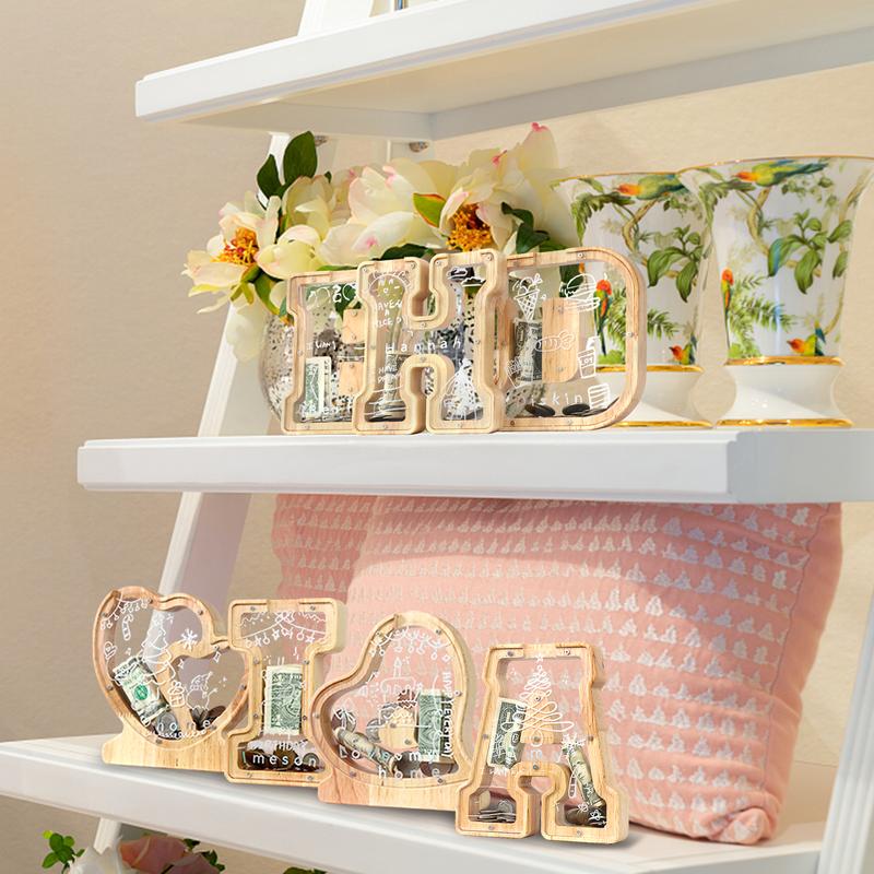 Letter Piggy Bank for Kids Boys Girls Wooden Personalized Piggy Banks A-Z Double Clear Alphabet Banknote Coin Banks for Gift Decoration Baptism Ornaments