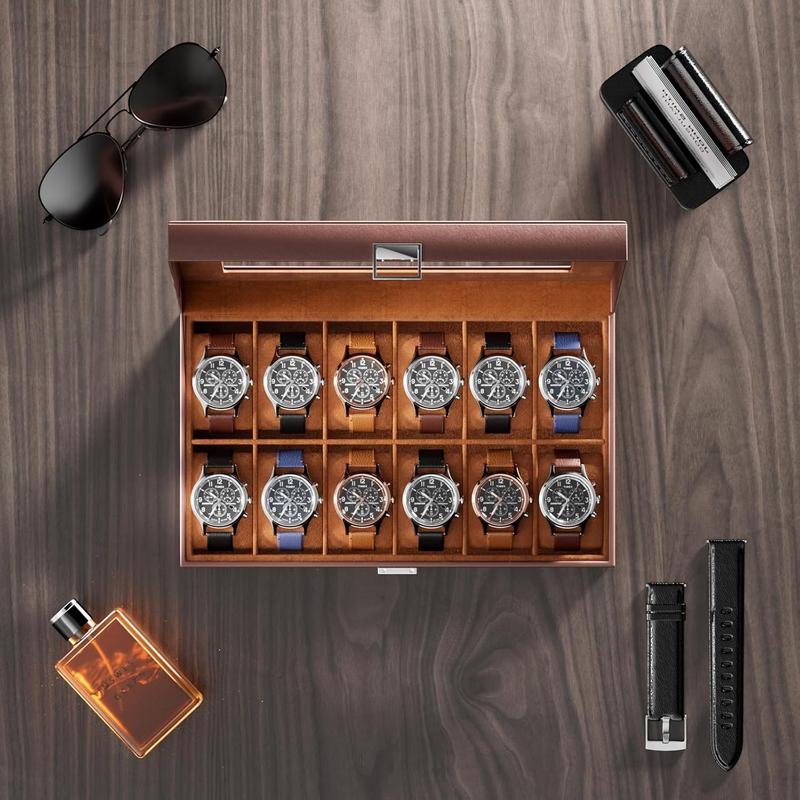 Watch Box Organizer for Men, 12 Slot Watch Display Case with Glass Lid, PU Leather Watch Storage Mens Watch Case, Watch Holder Organizer for Men Women -12 Slot, Brown