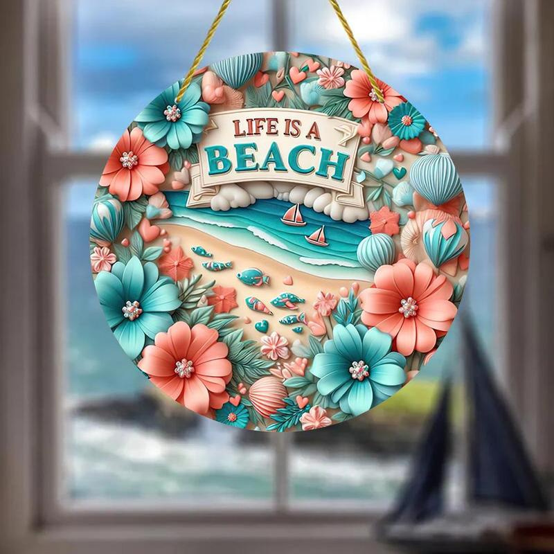 Flower & Letter & Beach Pattern Hanging Ornament, Round Shaped Double-sided Printed Hanging Decoration, Waterproof Hanging Pendant for Home Garden Party