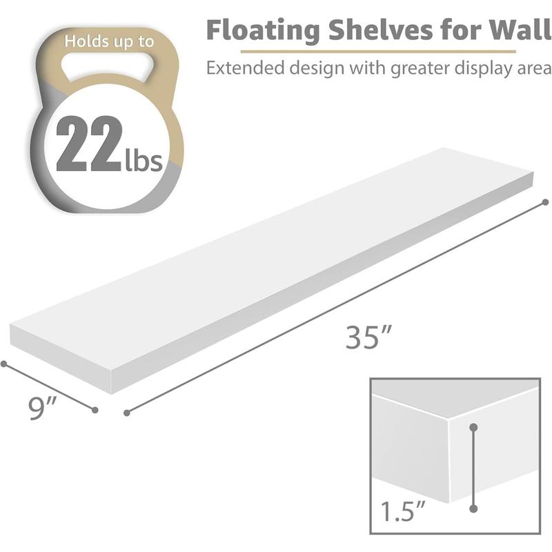 Floating Shelves for Wall - 2 Long Floating Shelves for Bedroom, Kitchen, Living Room, Bathroom Shelves, Home Decor, Farmhouse - 35 x 9 Inch Wall Mounted Floating Shelves for Wall, White Wood Wooden