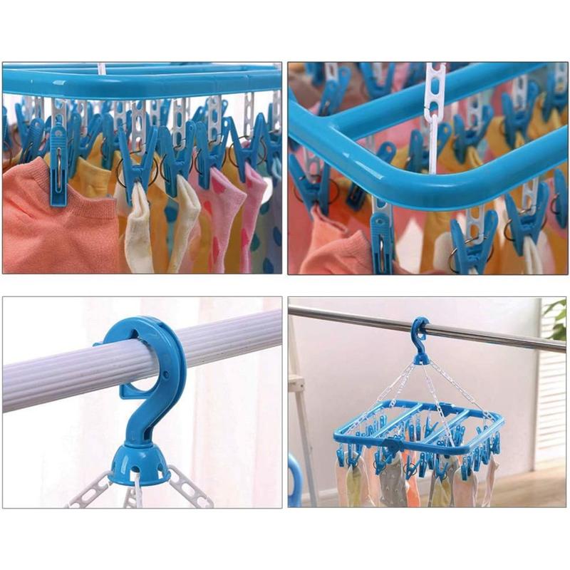 Foldable Clip and Drip Hanger with 32 Clips - Plastic Hanging Drying Rack for Clothes Underwear Socks (Blue) Organiser