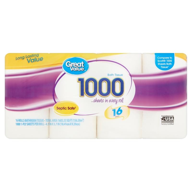 Great Value 1000 Bath Tissue Rolls, 16 Rolls - FREESHIP