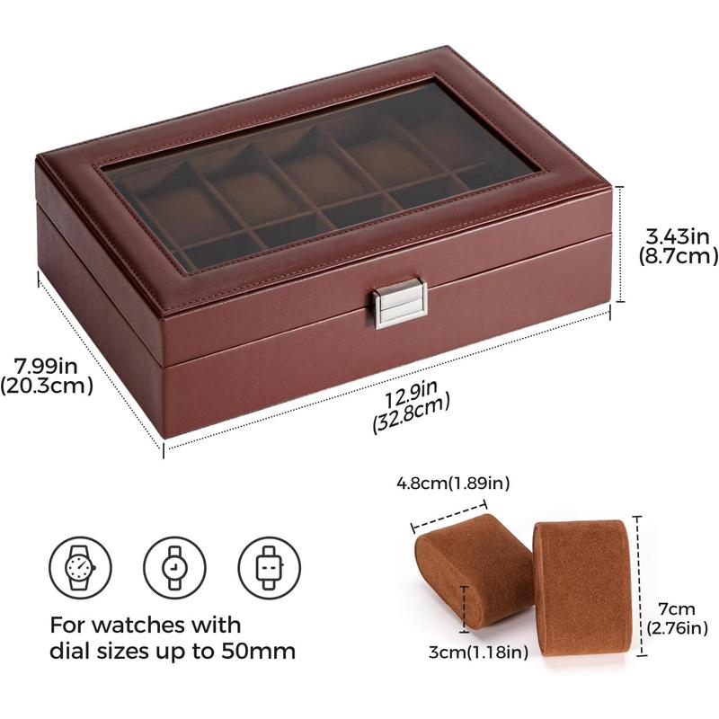 Watch Box Organizer for Men, 12 Slot Watch Display Case with Glass Lid, PU Leather Watch Storage Mens Watch Case, Watch Holder Organizer for Men Women -12 Slot, Brown