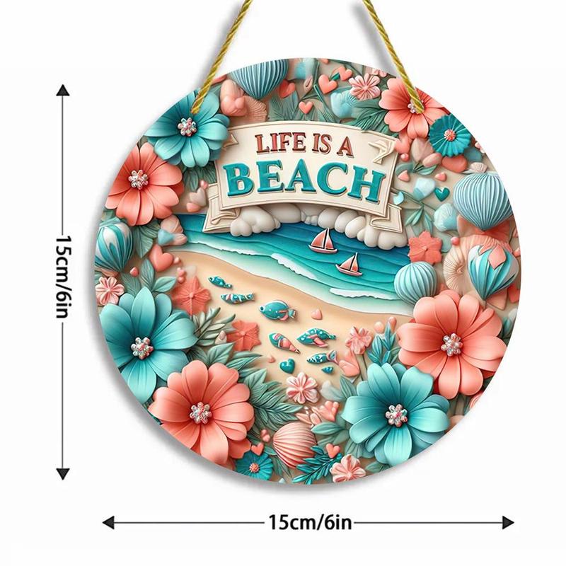 Flower & Letter & Beach Pattern Hanging Ornament, Round Shaped Double-sided Printed Hanging Decoration, Waterproof Hanging Pendant for Home Garden Party