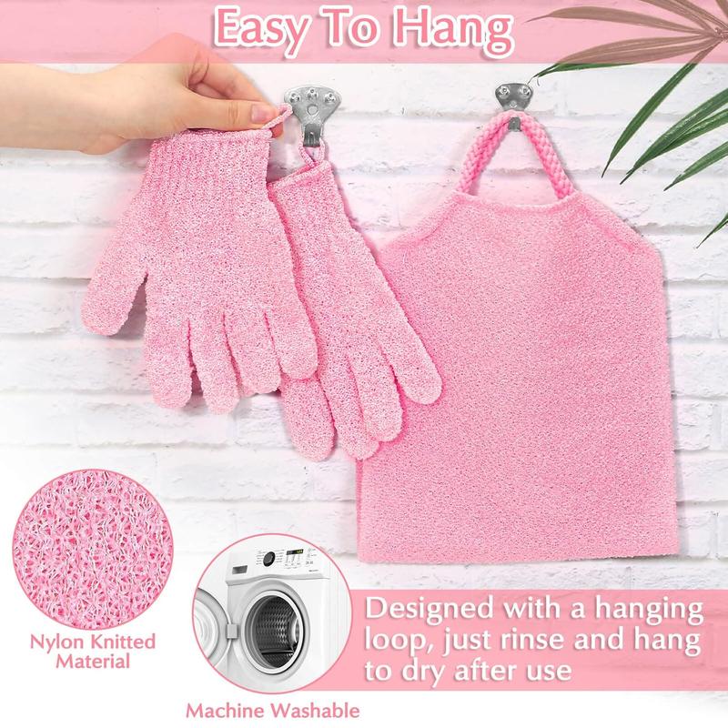 Set of Exfoliating Bath Gloves and Back Scrubber for Body and Face - Perfect for Showers and Baths (Pink)