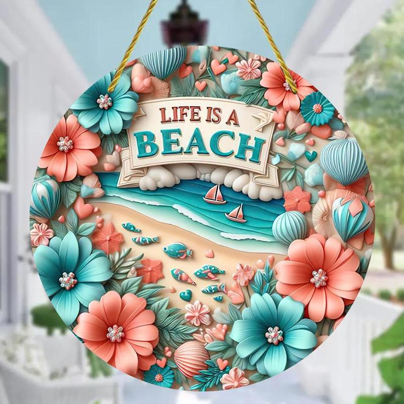 Flower & Letter & Beach Pattern Hanging Ornament, Round Shaped Double-sided Printed Hanging Decoration, Waterproof Hanging Pendant for Home Garden Party