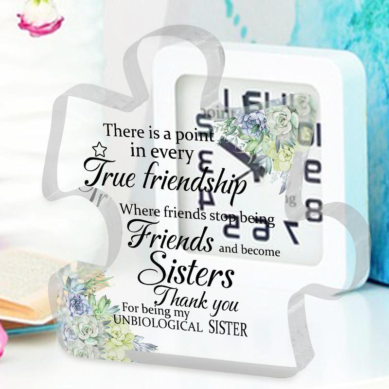 Flower & Letter Pattern Puzzle Shaped Acrylic Plaque, Creative Transparent Block Puzzle Acrylic Plaque, Friendship Gift for Sister