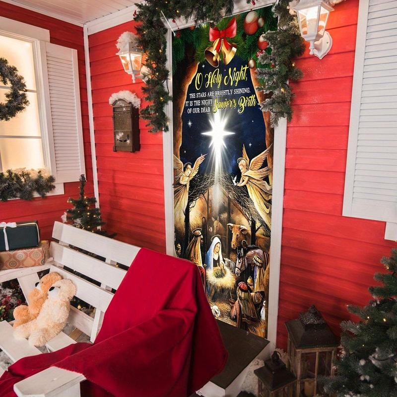 Christmas Door Cover, 1 Count Nativity Scenes Porch Cover, Festive Hanging Banner Decoration Backdrop, Indoor & Outdoor Party Decor