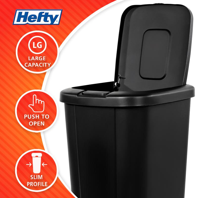 Hefty 13.3 Gallon Trash Can, Plastic Touch Top Kitchen Trash Can, Black