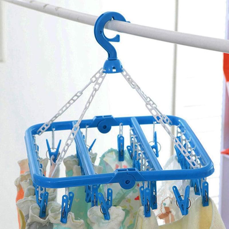 Foldable Clip and Drip Hanger with 32 Clips - Plastic Hanging Drying Rack for Clothes Underwear Socks (Blue) Organiser