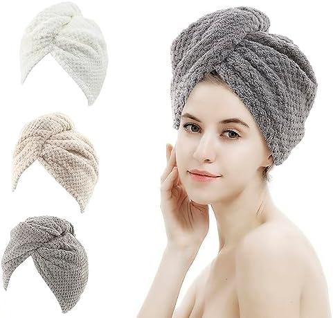 3 Pack Microfiber Hair Towel,Hair Towel Wrap,Hair Drying Towel,Super Absorbent and Lightweight Hair Turban,Hair Towel for Women to Dry Hair Faster(Gray&Khaki&Beige)