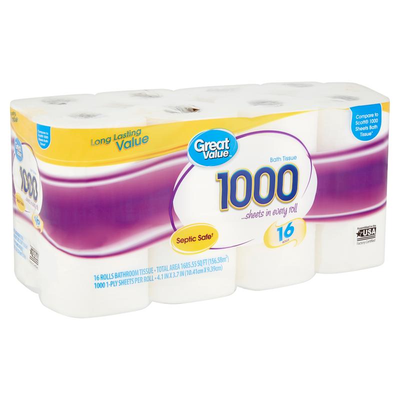 Great Value 1000 Bath Tissue Rolls, 16 Rolls - FREESHIP