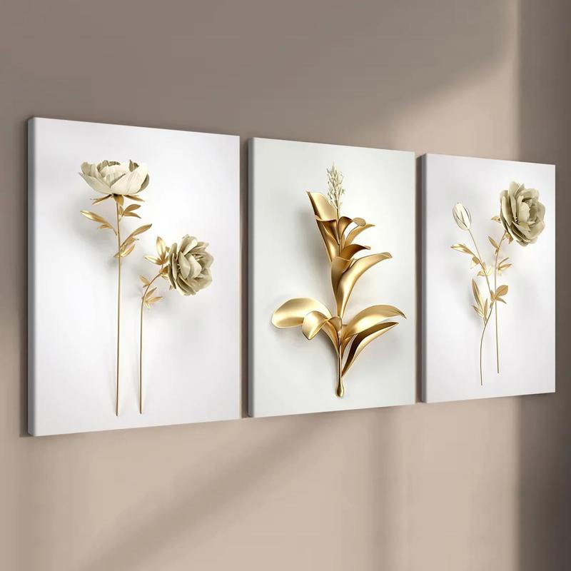 Wooden Framed Canvas Painting, 3 Counts set Modern Art Gold Flower Pattern Wall Art, Canvas Art Wall Decor for Home Living Room Bedroom Office, Wall Art Painting Room Decor