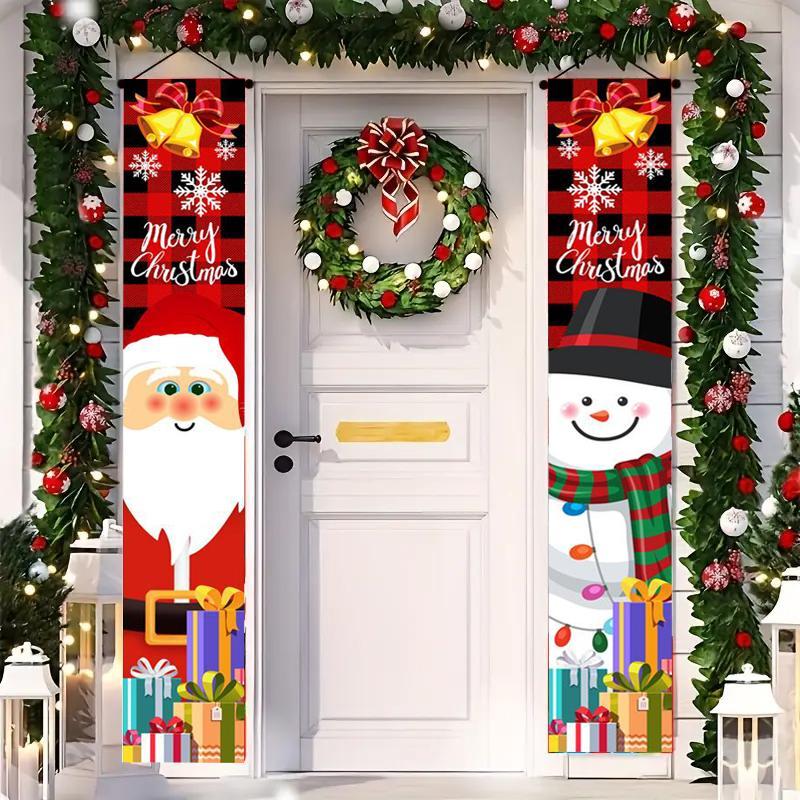 Christmas Clearance, 1 Pair Merry Christmas Door Banner Set - Santa & Snowman Porch Signs, Festive Indoor Outdoor Holiday Decorations for Home and Party