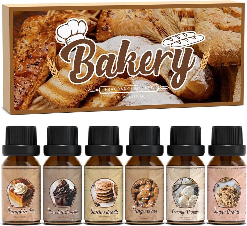 Bakery Fragrance Oils Set, Premium Essential Oils Set for Candle, Soap Making, Diffuser - Pumpkin Pie, Chocolate Cupcake, Snickerdoodle, Gingerbread, Creamy Vanilla, Sugar Cookies