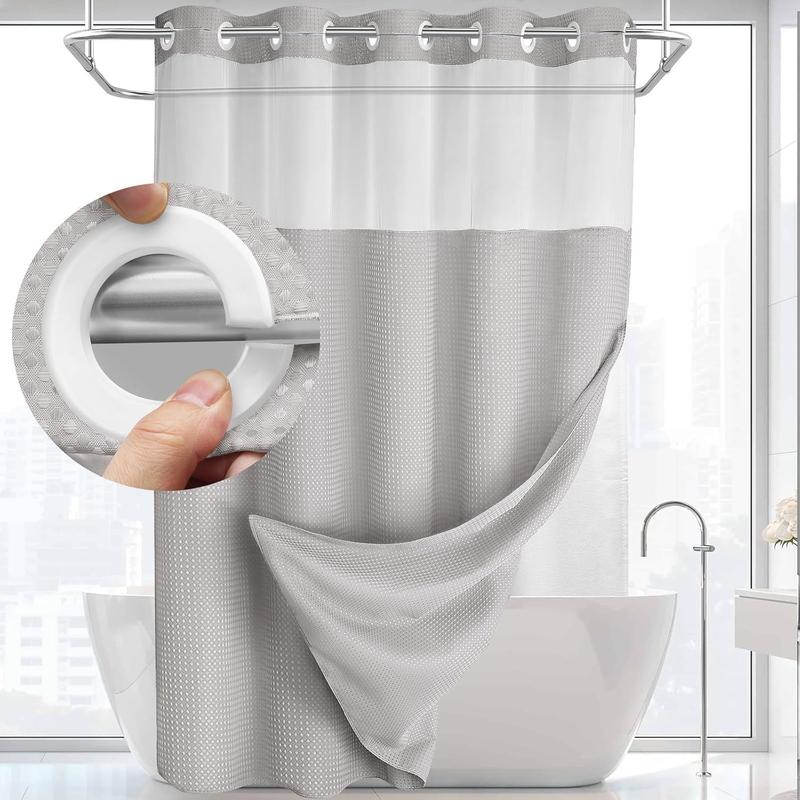 No Hook Shower Curtain with Snap in Liner Set Less Time Light Gray Waffle Shower Curtain for Bathroom Eye Door