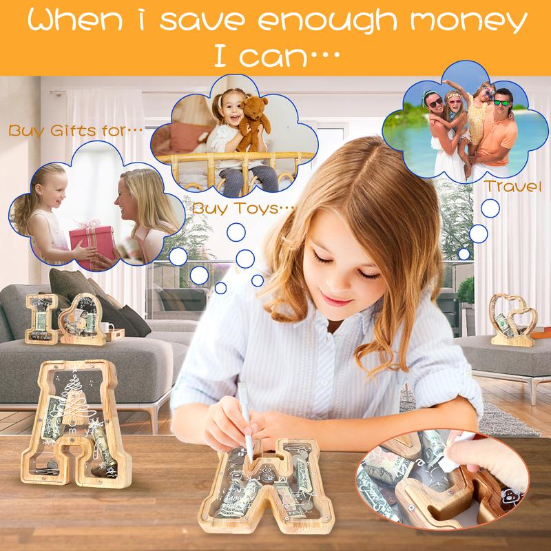 Letter Piggy Bank for Kids Boys Girls Wooden Personalized Piggy Banks A-Z Double Clear Alphabet Banknote Coin Banks for Gift Decoration Baptism Ornaments