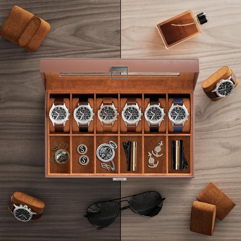 Watch Box Organizer for Men, 12 Slot Watch Display Case with Glass Lid, PU Leather Watch Storage Mens Watch Case, Watch Holder Organizer for Men Women -12 Slot, Brown