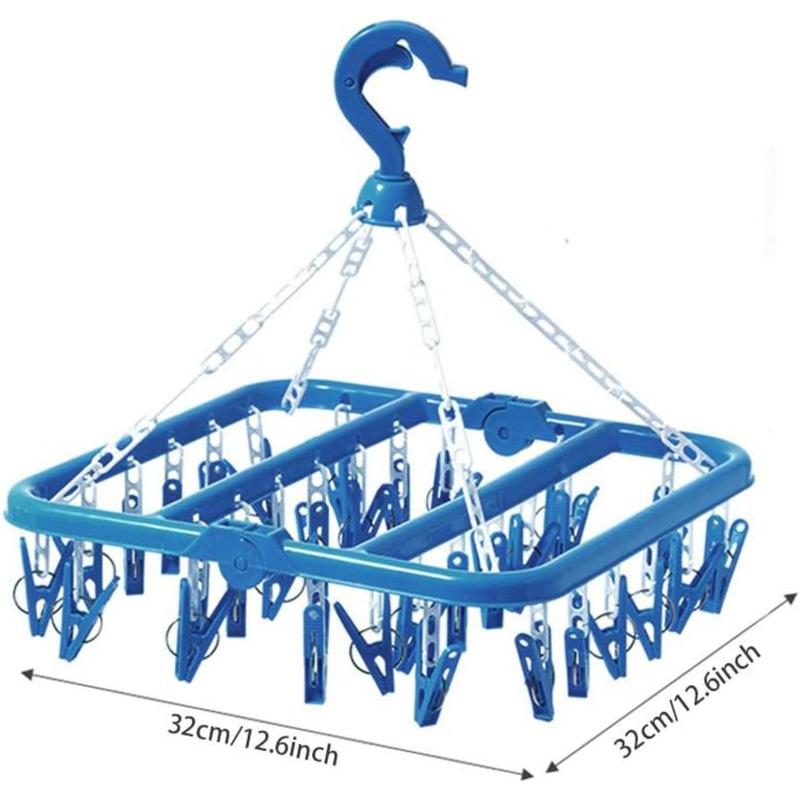 Foldable Clip and Drip Hanger with 32 Clips - Plastic Hanging Drying Rack for Clothes Underwear Socks (Blue) Organiser