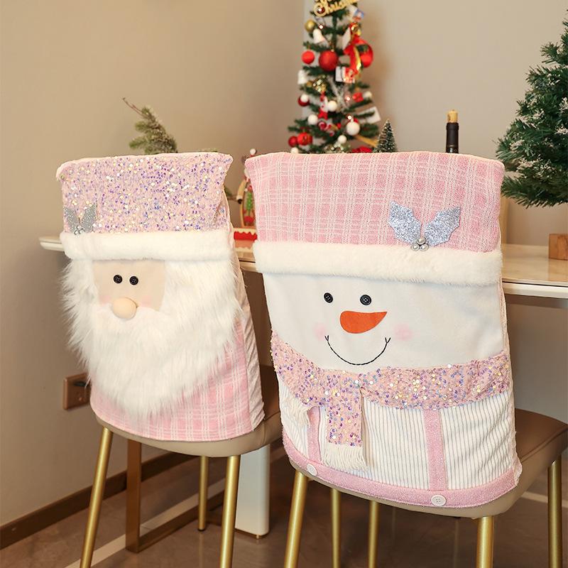 Christmas Chair Cover Pink Stool Set Santa Claus Pattern Chair Cover Restaurant Home Decoration Ornaments