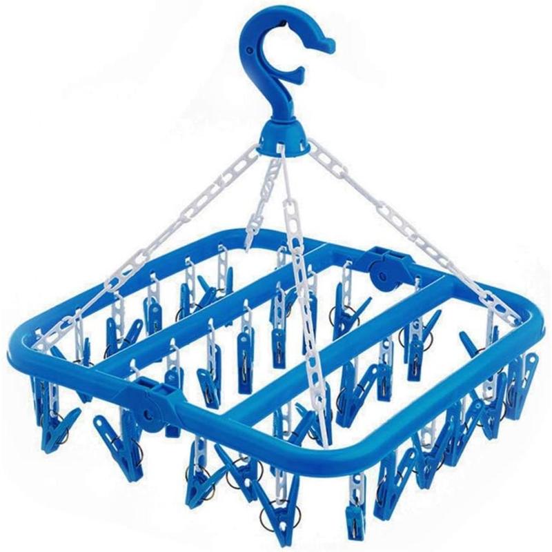 Foldable Clip and Drip Hanger with 32 Clips - Plastic Hanging Drying Rack for Clothes Underwear Socks (Blue) Organiser