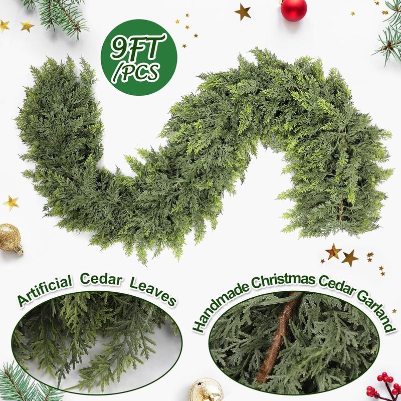 1 Pcs 9ft Christmas Cedar Garland Artificial Green Cedar Garland Faux Cedar Pine Needles Garland for Home Fireplace Indoor Outdoor Holiday Party Decoration