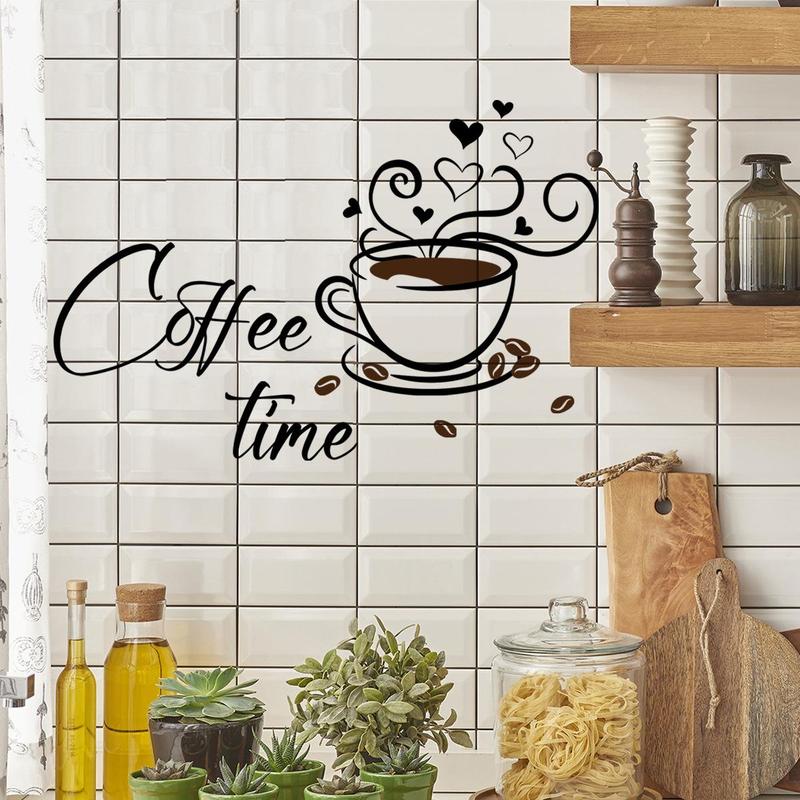 Coffee & Letter Pattern Wall Sticker, 1 Set Self Adhesive Wallpaper, Decorative Sticker for Home Living Room Kitchen Dining Room