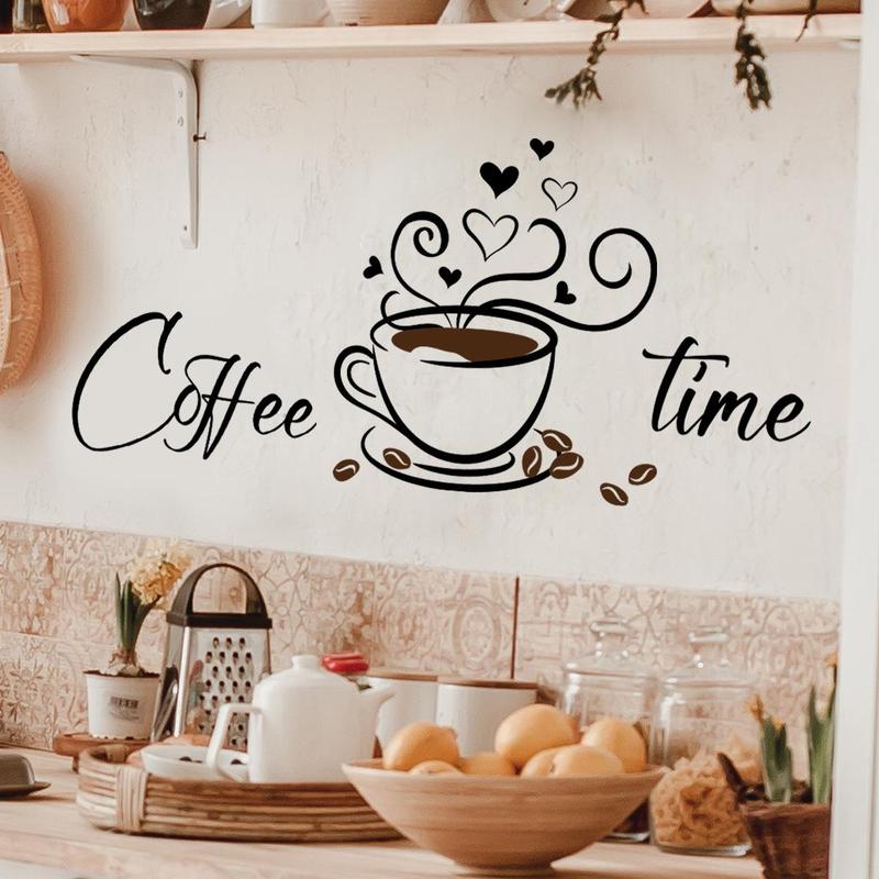 Coffee & Letter Pattern Wall Sticker, 1 Set Self Adhesive Wallpaper, Decorative Sticker for Home Living Room Kitchen Dining Room