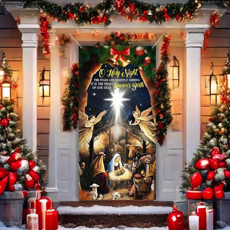 Christmas Door Cover, 1 Count Nativity Scenes Porch Cover, Festive Hanging Banner Decoration Backdrop, Indoor & Outdoor Party Decor