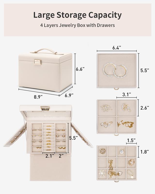 VLANDO Jewelry Box 4-Tier,Jewelry Boxes & Organizers with Handle,3 Drawers Travel Jewelry Case with Mirror,Jewelry Storage,Earrings Necklace Rings Christmas Gift for Women