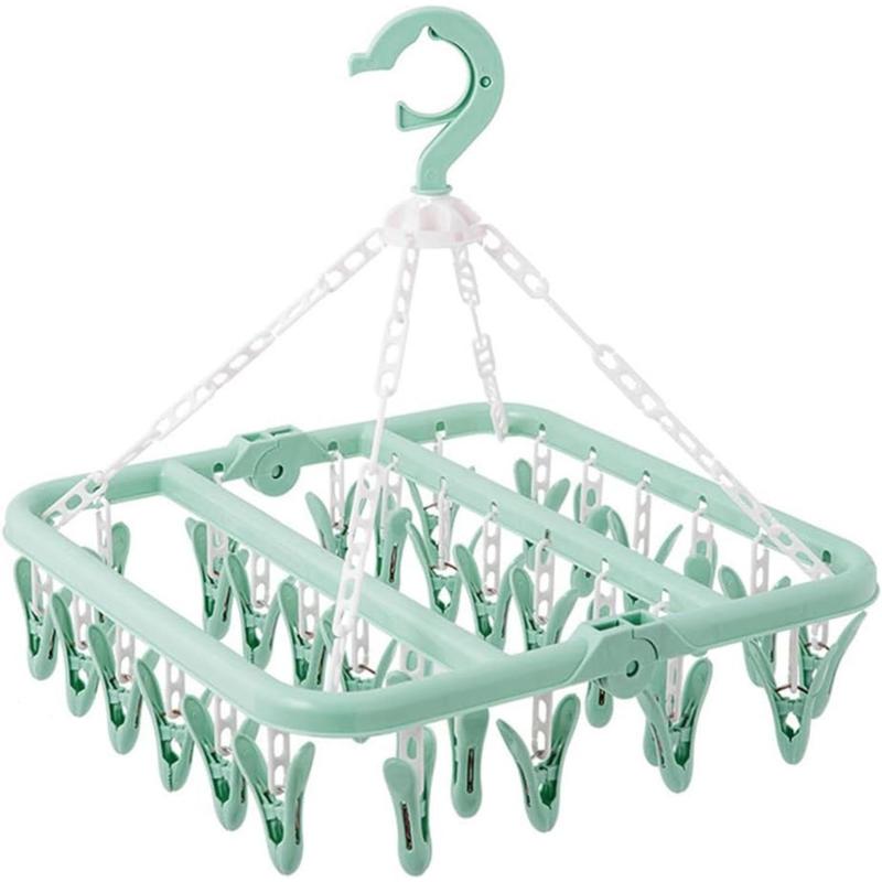 Foldable Clip and Drip Hanger with 32 Clips - Plastic Hanging Drying Rack for Clothes Underwear Socks (Blue) Organiser