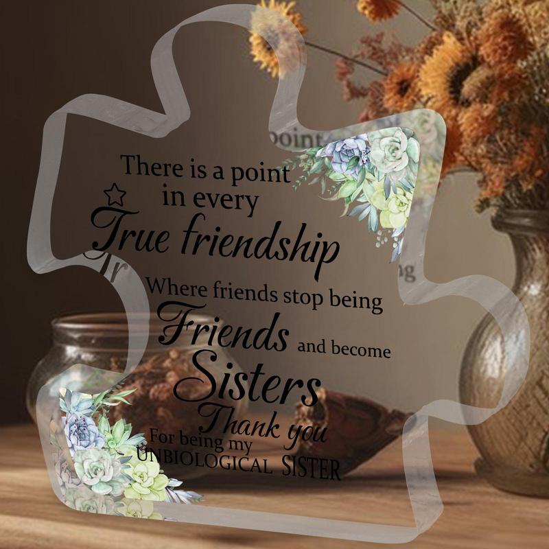 Flower & Letter Pattern Puzzle Shaped Acrylic Plaque, Creative Transparent Block Puzzle Acrylic Plaque, Friendship Gift for Sister