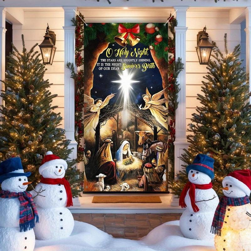 Christmas Door Cover, 1 Count Nativity Scenes Porch Cover, Festive Hanging Banner Decoration Backdrop, Indoor & Outdoor Party Decor