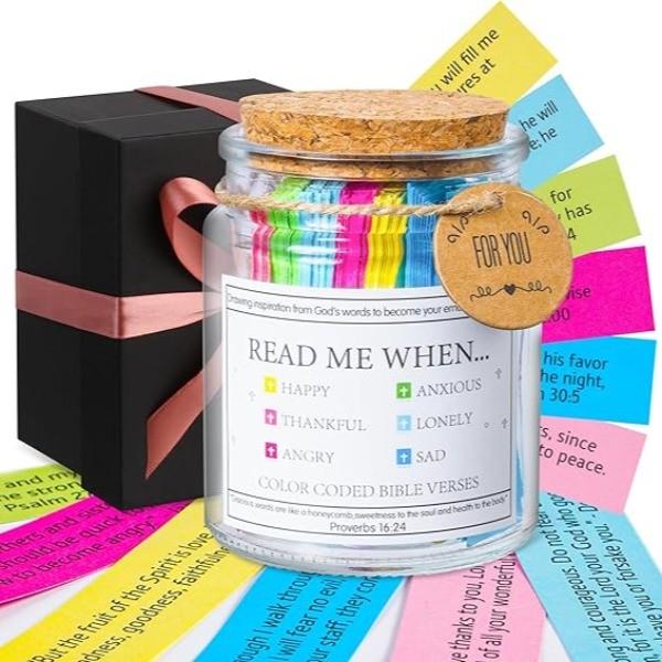 Christian Gifts for Women Men Mom - Bible Verse Jar for Emotions and Feelings with 48-inch Ribbon Bow - Glass, Decor Bottles Waterproof Organiser Tin