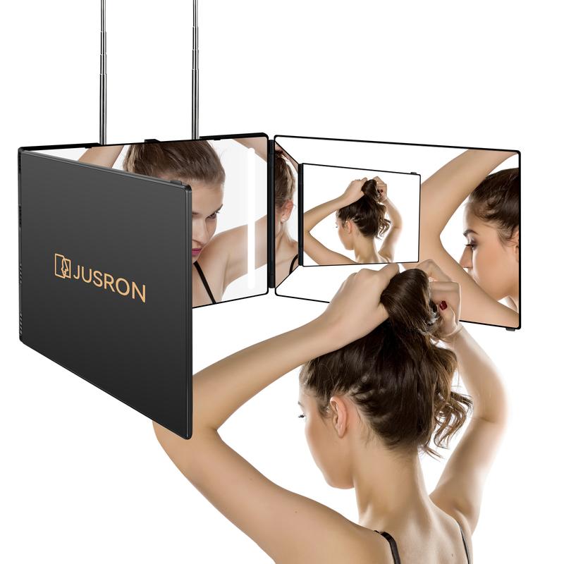 JUSRON 3-Way Mirror for Hair Cutting,  360° Mirror for Haircuts for Barber  self Cut Mirror with Height Adjustable Telescoping Hooks, for Makeup and Hair Styling 2024 Christmas Gift