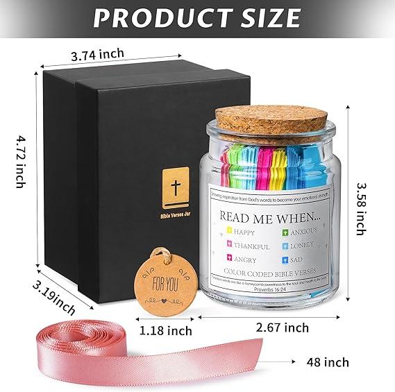 Christian Gifts for Women Men Mom - Bible Verse Jar for Emotions and Feelings with 48-inch Ribbon Bow - Glass, Decor Bottles Waterproof Organiser Tin