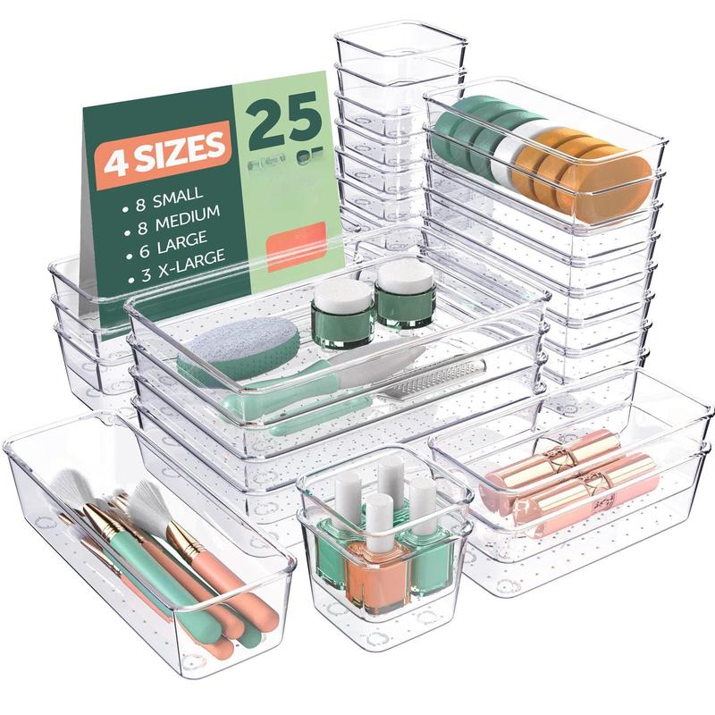 25 PCS Clear Plastic Drawer Organizers Set, 4 Sizes Clear Drawer Organizers & storage Bins for Makeup Jewelry Vanity, Kitchen Gadgets Or Office Desk. Bathroom Drawer Organizer Trays With Non-Slip Pads