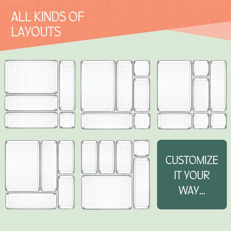 25 PCS Clear Plastic Drawer Organizers Set, 4 Sizes Clear Drawer Organizers & storage Bins for Makeup Jewelry Vanity, Kitchen Gadgets Or Office Desk. Bathroom Drawer Organizer Trays With Non-Slip Pads