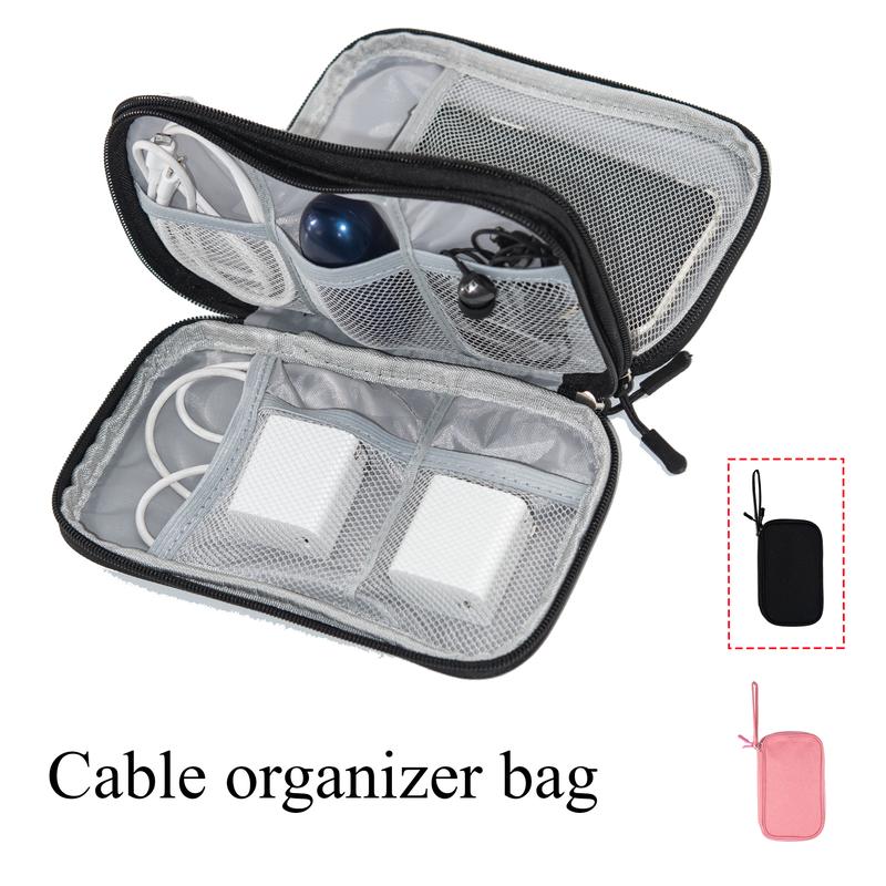 Portable Cable Storage Bag,  Double Layer Storage Box, Multi-grid Makeup Organizer, Waterproof Zipper Stationary Storage Container for  for Charger, Phone, Earphone, Cable Organizer Pouch for Travel Outdoor, Travel Essentials（Black，Pink）