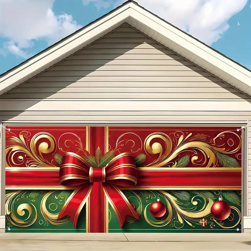 Christmas Themed Garage Door Cover, 1 Count Bow Pattern Waterproof & Windproof Garage Door Banner, Festive & Party Decoration Supplies, Banners Decorations