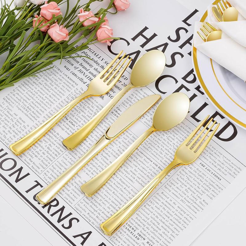 25 Pack Pre Rolled Gold Plastic Silverware, Wrapped Plastic Cutlery Set with Napkin Include 25 Forks, 25 Knives, 25 Spoons and 25 Napkins, Fancy Disposable Silverware for Party, Wedding