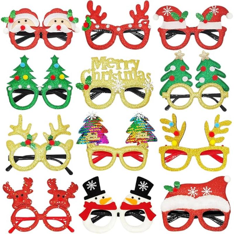 12Pcs Christmas Party Glasses, Christmas Glitter Eyeglasses Frames Party Favors for Kids Adults, Christmas Glasses for Xmas Holiday Decorations