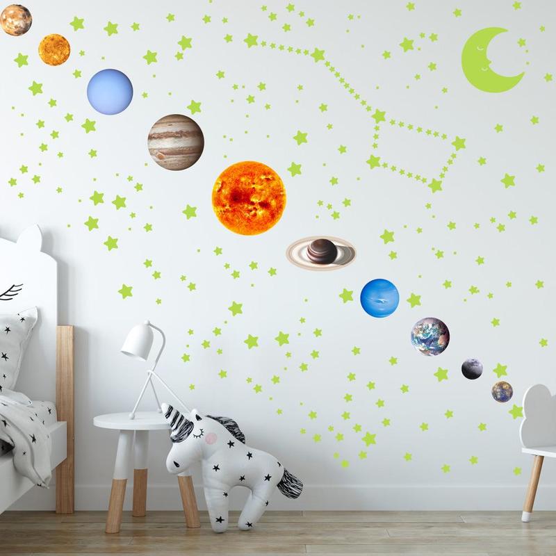 Solar System Planet Star Moon Pattern Wall Tiles Sticker, 1 Box Glow in the Dark Wall Decal, Decorative Sticker for Home Bedroom Living Room