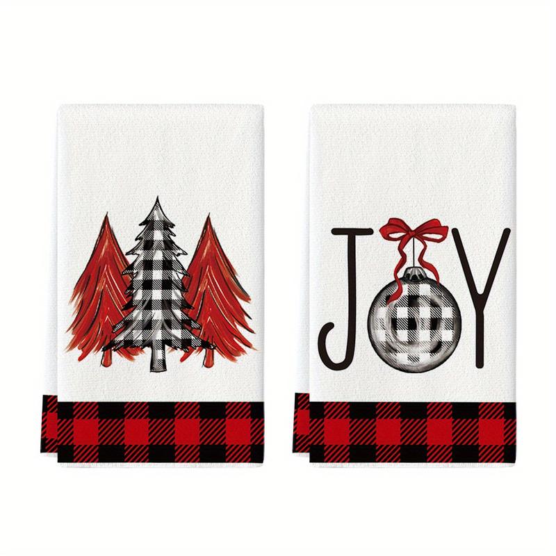 Buffalo Plaid Xmas Trees Joy Christmas Kitchen Towels Dish Towels, 18x26 Inch Seasonal Winter Room Funky Home Decoration Hand Towels Set of 2