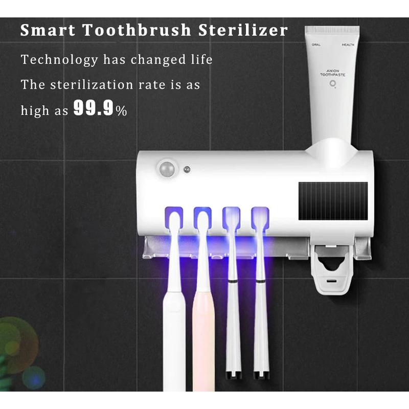 UV Light Sterilizer Toothbrush Holder with Automatic Toothpaste Dispenser and Additional Storage Hooks - White - Cover