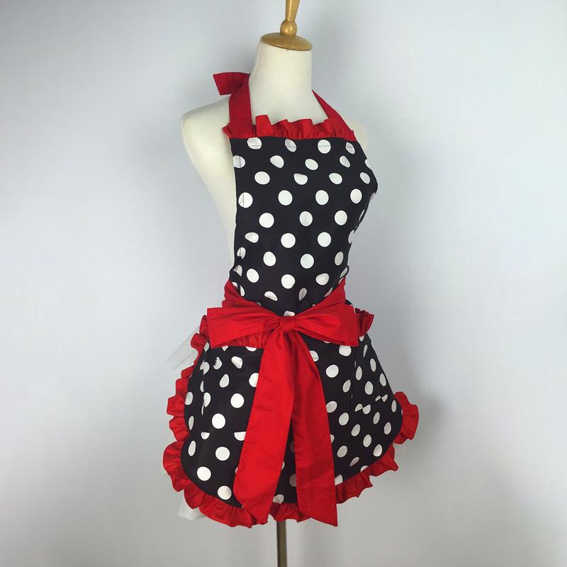 Cute Apron Retro Polka Dot Aprons Ruffle Side Vintage Cooking Aprons with Pockets Adjustable Kitchen Aprons for Women Girls Waitress Chef Mother's Day Gift(Red)