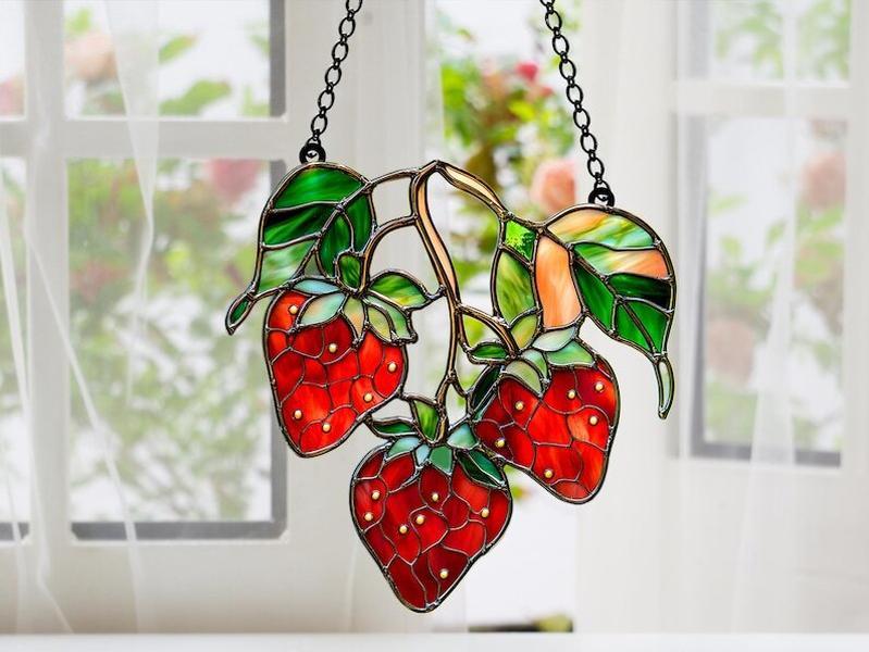 Faux Stained Glass Strawberry Suncatcher, Window Hanging Ornament with Leaves, Perfect Housewarming Gift, Floral Acrylic Decor