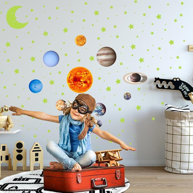 Solar System Planet Star Moon Pattern Wall Tiles Sticker, 1 Box Glow in the Dark Wall Decal, Decorative Sticker for Home Bedroom Living Room