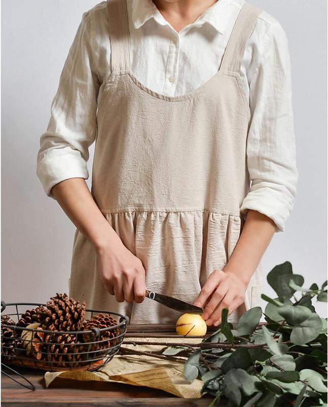 Cotton Linen Apron Cross  Work Apron for Women with Pockets Pinafore Dress X Cross Halter Apron for Chef Gardening