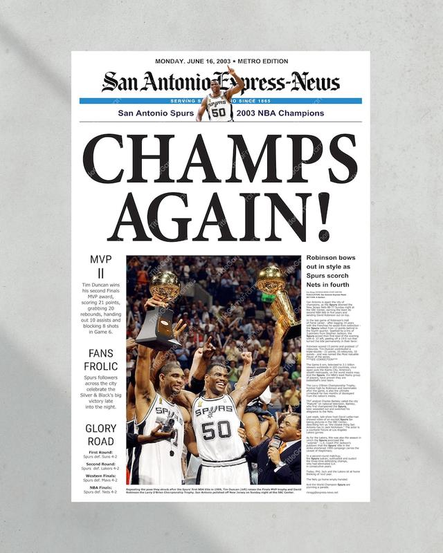 2003 San Antonio Spurs Framed Newspaper Cover Print David Robinson and Tim Duncan